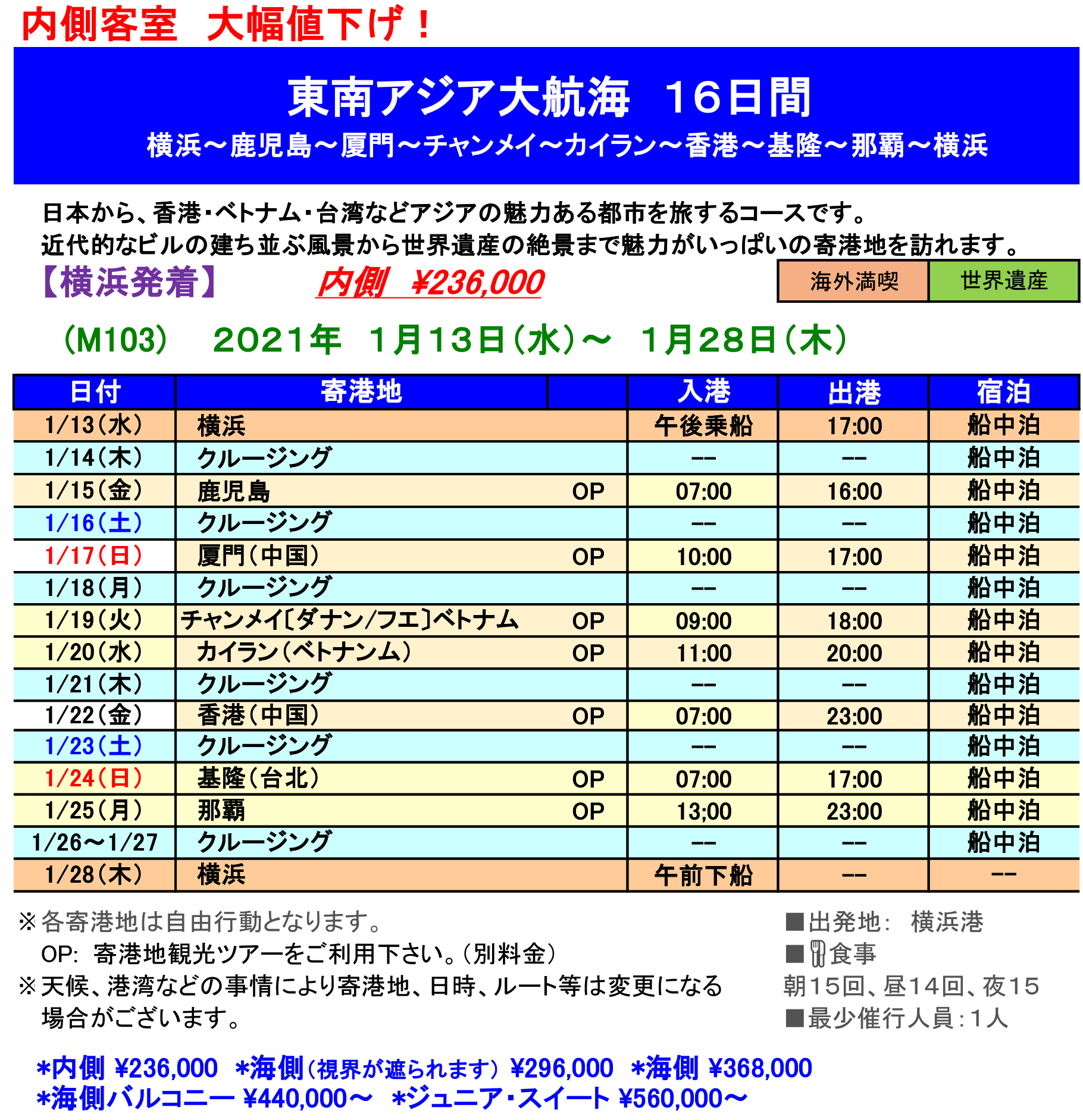 東南アジア大航海 横浜〜鹿児島〜厦門〜チャンメイ〜カイラン〜香港〜基隆〜那覇〜横浜